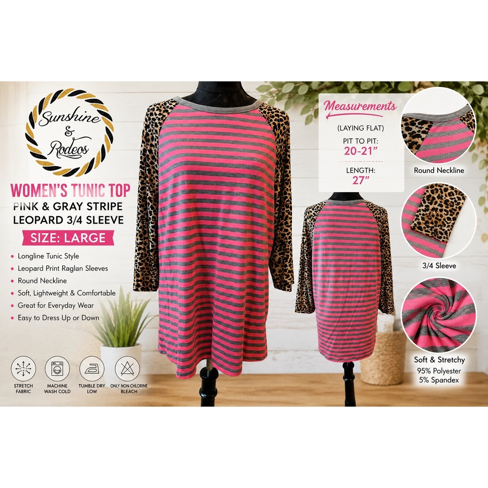 Sunshine & Rodeos Pink Gray Stripe Leopard Sleeve Tunic Top Large